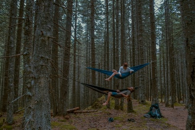 男人和女人在森林之间的吊床上